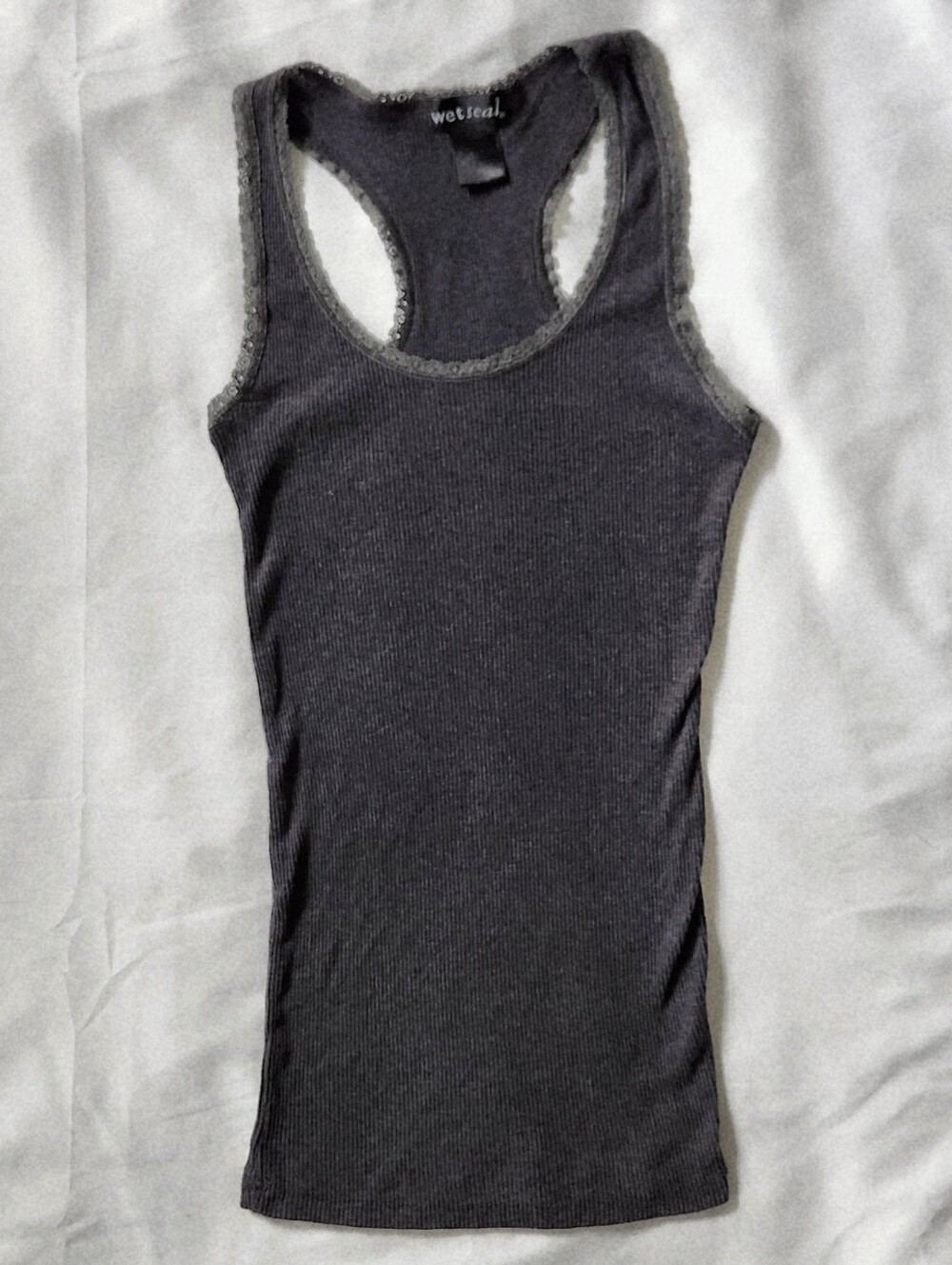 Vintage Wet Seal Grey Ribbed Tank Top with Lace Trim, XS
